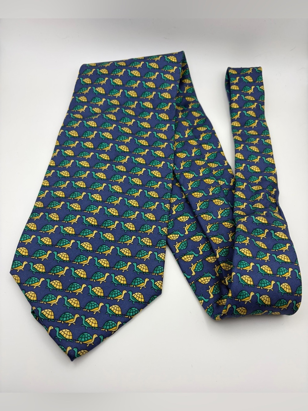Vintage Lord & Taylor Silk Tie Navy Green Yellow Turtle Animal Print USA